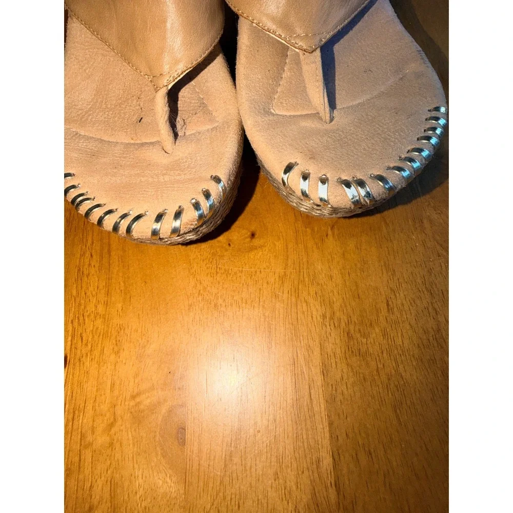 Modzori Tan Leather Whipstitch Wedge Thong Sandals Size 6 Bohemian Platform